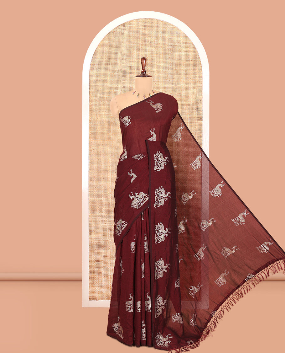Borderless Maroon Vichitra Silk Saree, Decorated with Deer Motifs, Self-Pallu, No Blouse