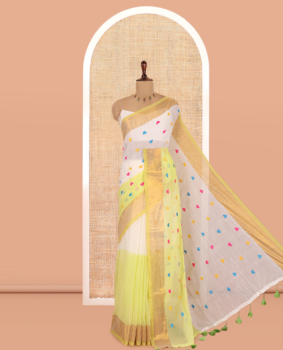Cream-Lemon Yellow Half-And-Half Heart Motifs Embroidered Khadi Cotton Saree, Contrast Bavanji Border, No Blouse