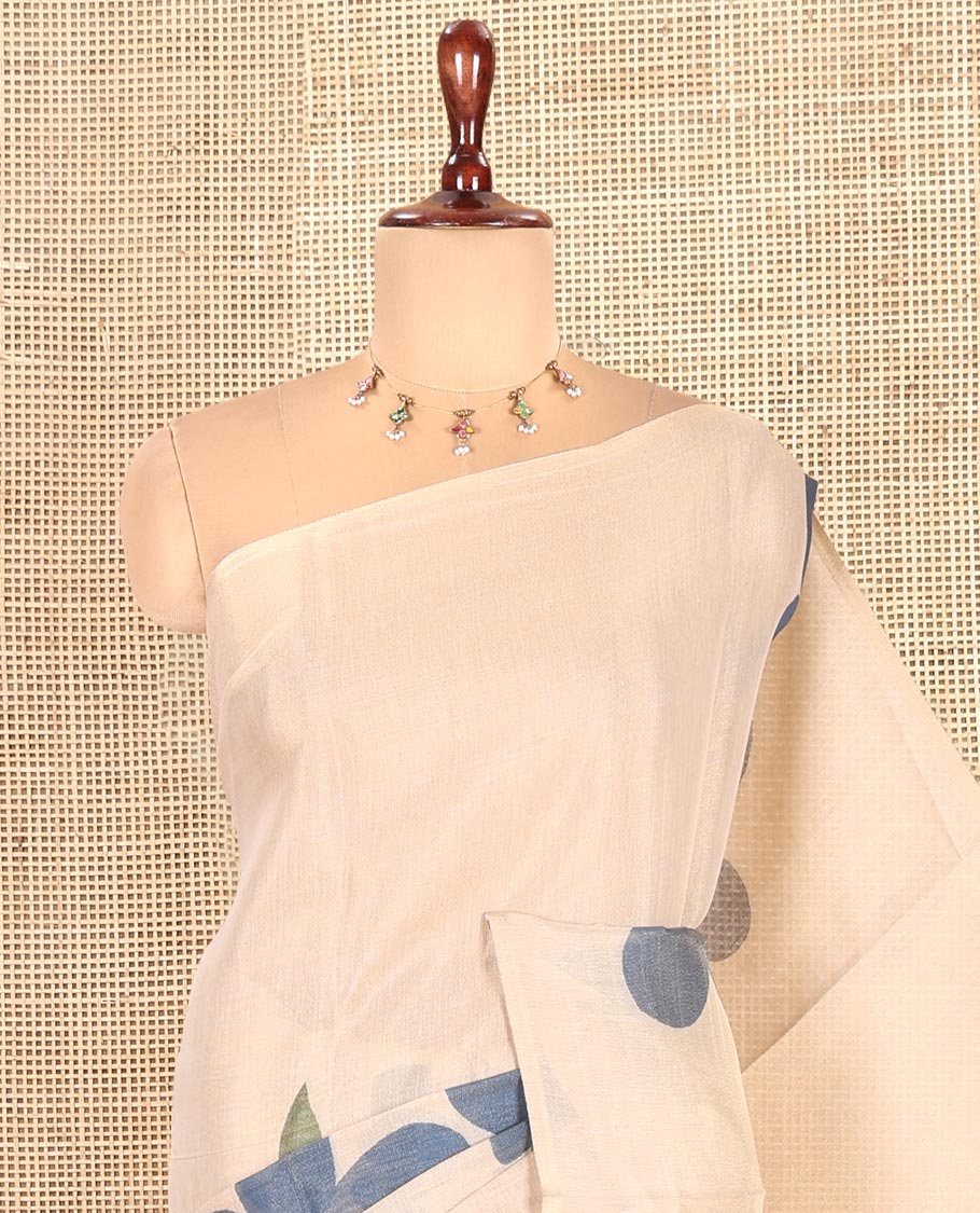Borderless Cream-Blue Tissue Cotton Saree