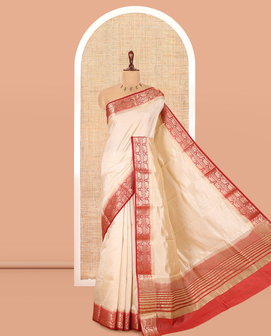 Cream-Maroon Plain Art Tussar Saree