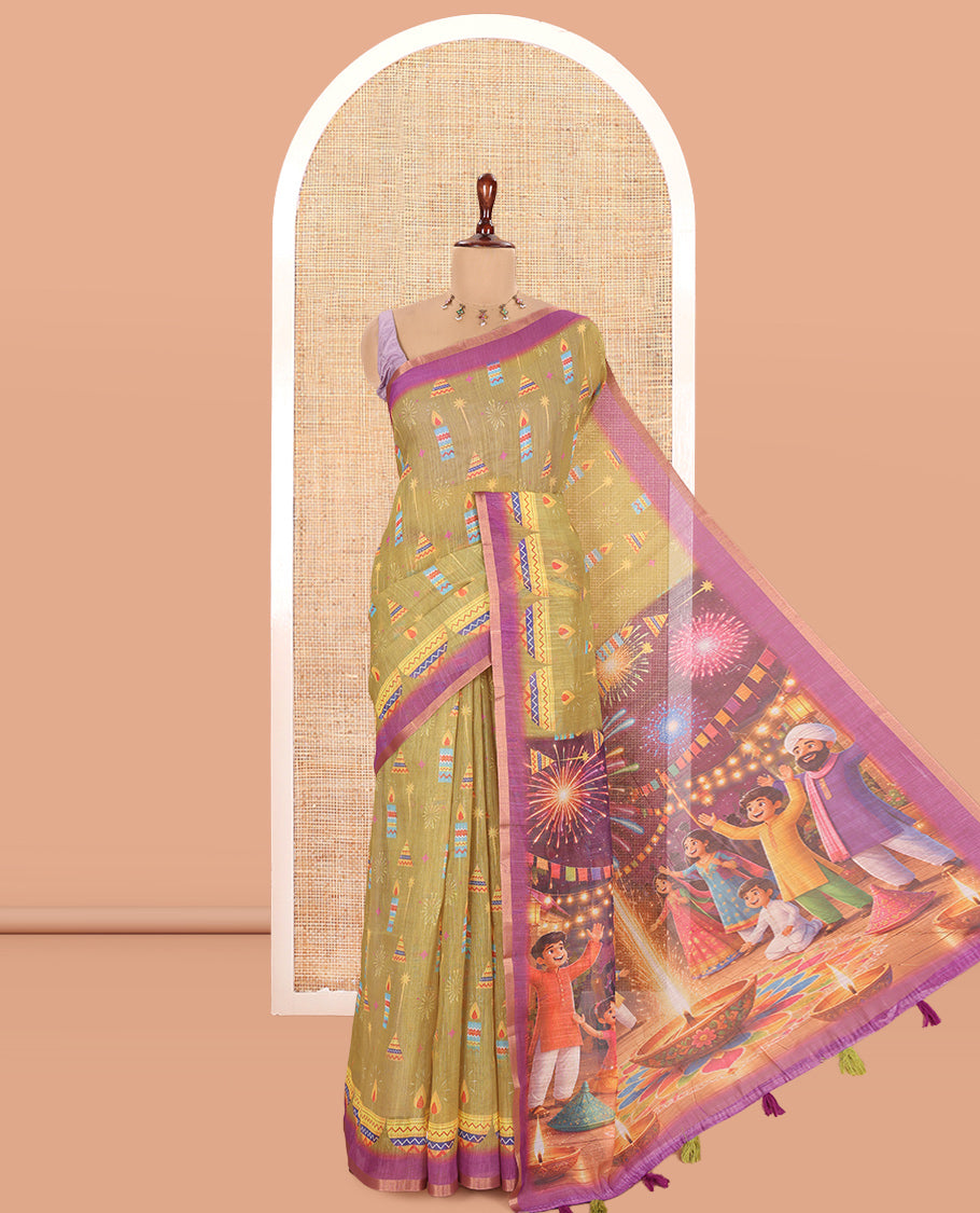 Green Diwali-Style Printed Linen Cotton Saree