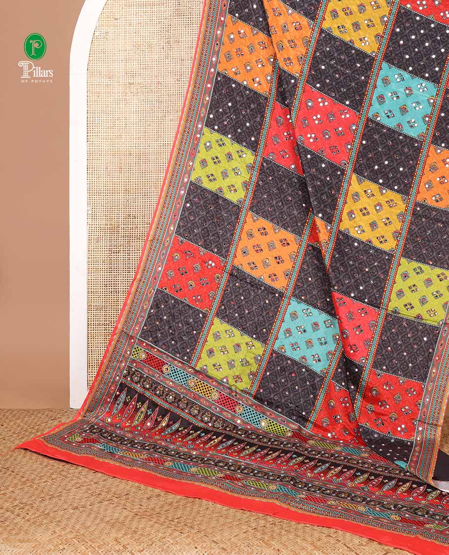 Multi color geometric design, mirror work synon silk saree with printed border, mirror work & printed pallu along with plain blouse