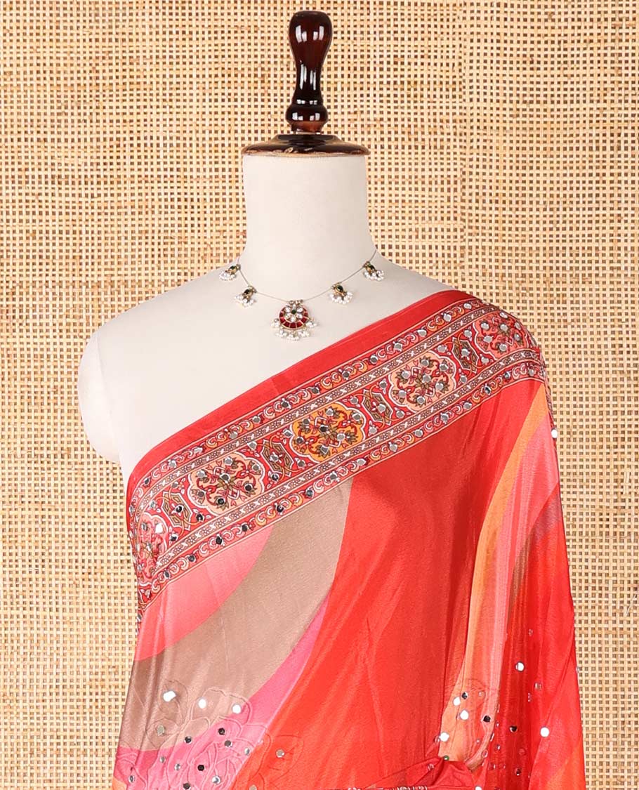Orange geometric design, mirror work synon silk saree with printed border, mirror work & printed pallu along with plain blouse