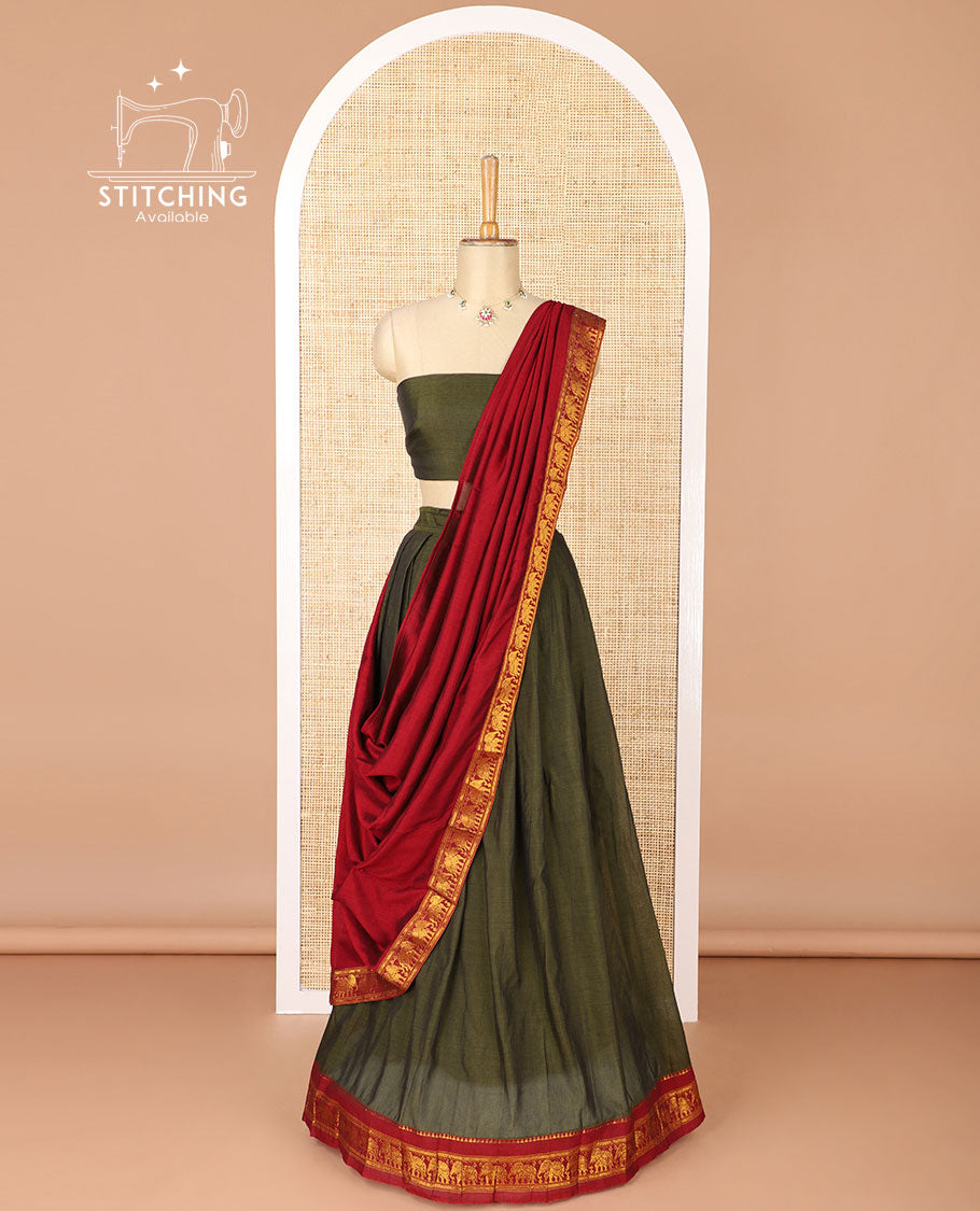 Mehendi green mercerised cotton daman zari border half saree with cotton blouse & skya georgette one side zari border dhavani