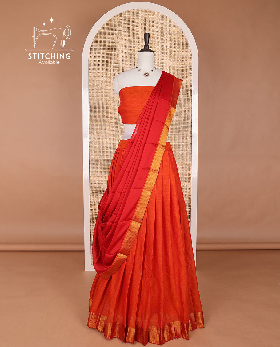 Orange mercerised cotton daman zari border half saree with cotton blouse & georgette one side zari border