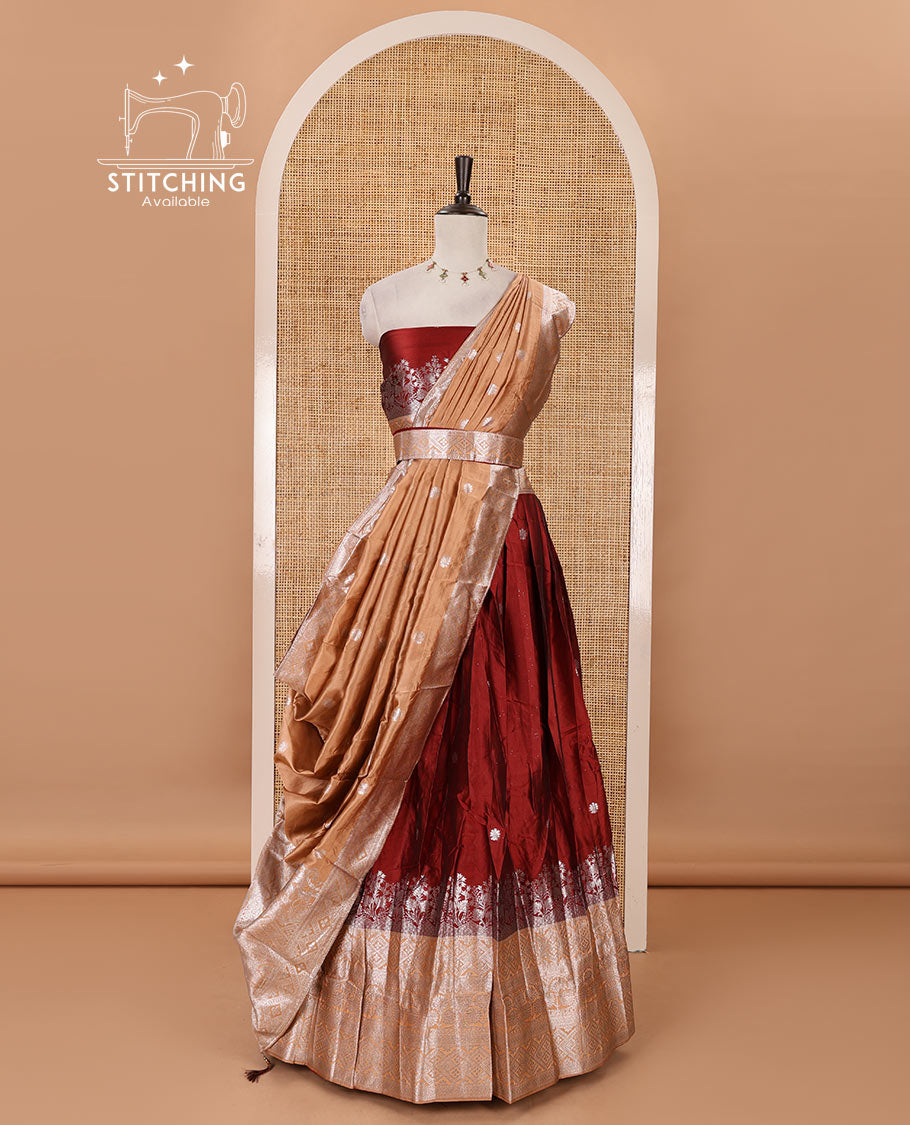Maroon-peach taffeta silk half-saree, zari buttas & contrast floral-geometric zari border skirt, zari woven blouse & contrast zari woven dhavani