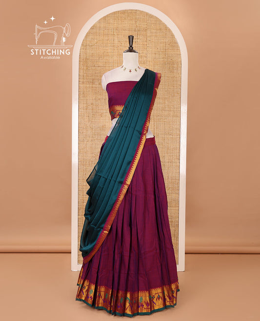 Magenta mercerised cotton half-saree, plain & contrast paithani peacock border skirt, matching blouse & contrast plain zari border dhavani