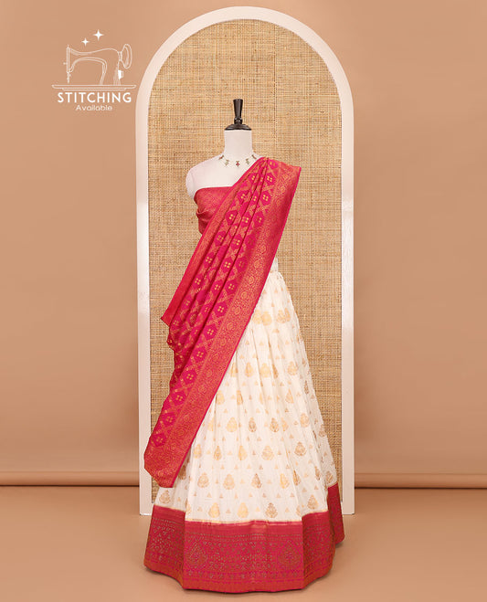 Cream georgette crepe halfsaree,zari buttas & traditional Swarovski stonework rani-pink border skirt, jacquard blouse & banarasi jacquard dhavani