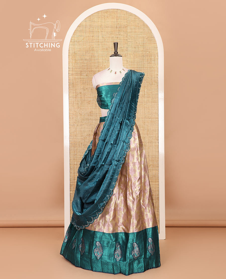 Peach-peacock half-saree, floral jaal jacquard banarasi skirt, contrast traditional zari stone work border, matching blouse, and contrast scallop embroidered velvet organza dhavani