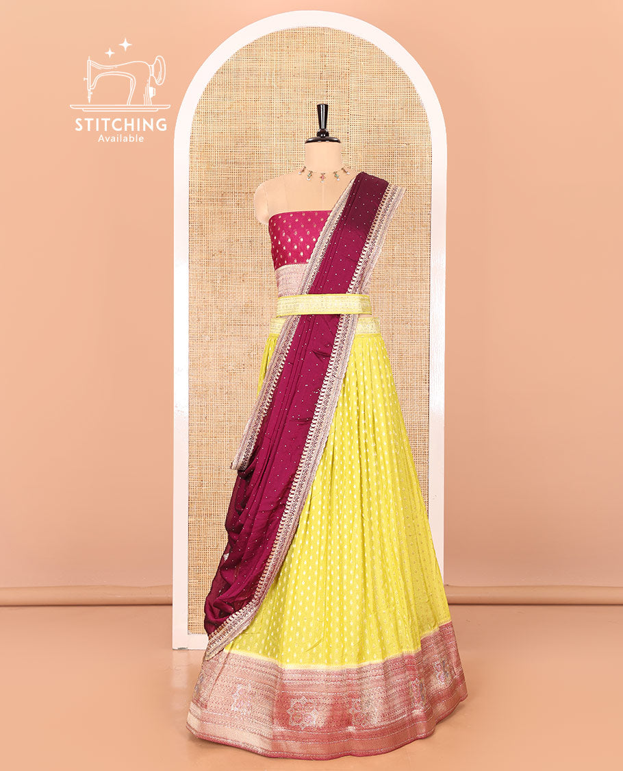 Parrot Green Buttas Embroidered Half-Saree with Contrast Traditional Motifs, Embroidered Viscose Georgette Border, Contrast Blouse, Intricately Embroidered Syska Georgette Dhavani, and a Embroidered Belt