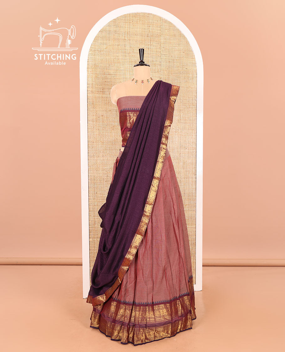 Dark Onion Pink-Wine Chettinad Cotton Half-Saree Featuring a Plain Skirt, Highlighted with a Contrast Peacock-Elephant Motifs Woven Rettai Pettu Zari Border, a Subtly Woven Matching Blouse, and a Vichitra Silk Contrast Traditional Zari-Bordered Dhavani