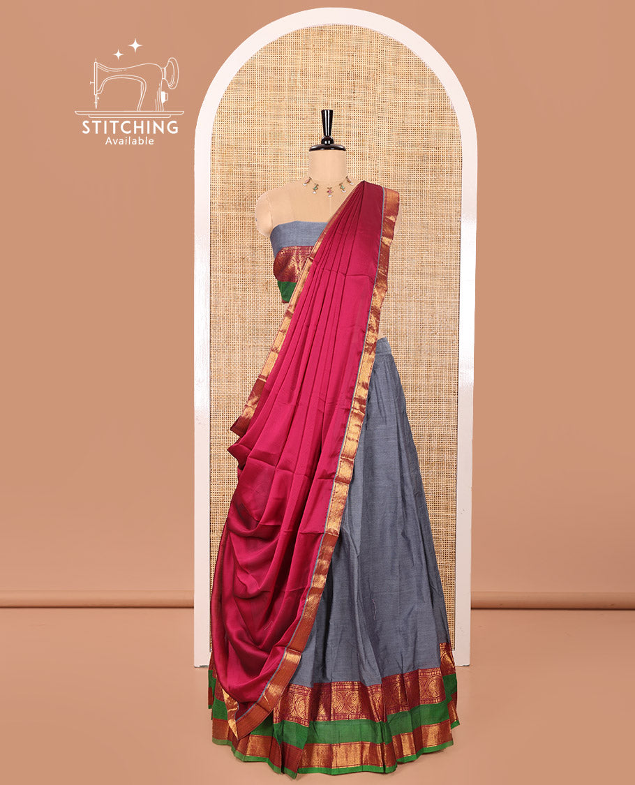 Dark Grey and Pink Chettinad Cotton Half-Saree Featuring Plain Skirt, Adorned with a Contrast Traditional Zari Design Rettai Pettu Border of Peacock Designs, Paired with a Matching Blouse, and Contrast Satin Georgette Dhavani with Zari Border