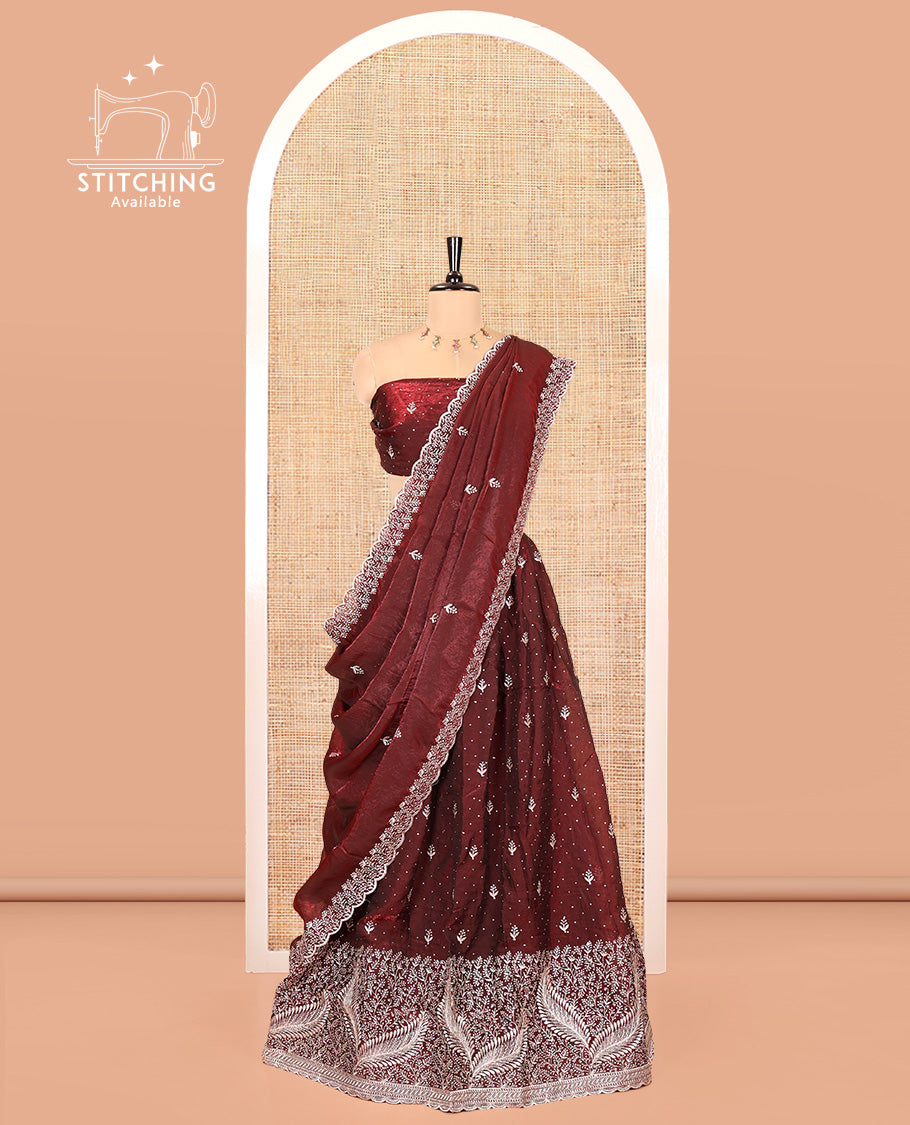 Maroon Fendi Organza Half-Saree, with Embroidered Buttas on Its Skirt, Embroidered Scallop Border, Paired with a Matching Blouse, and an Embroidered Fendi Organza Scallop Dhavani