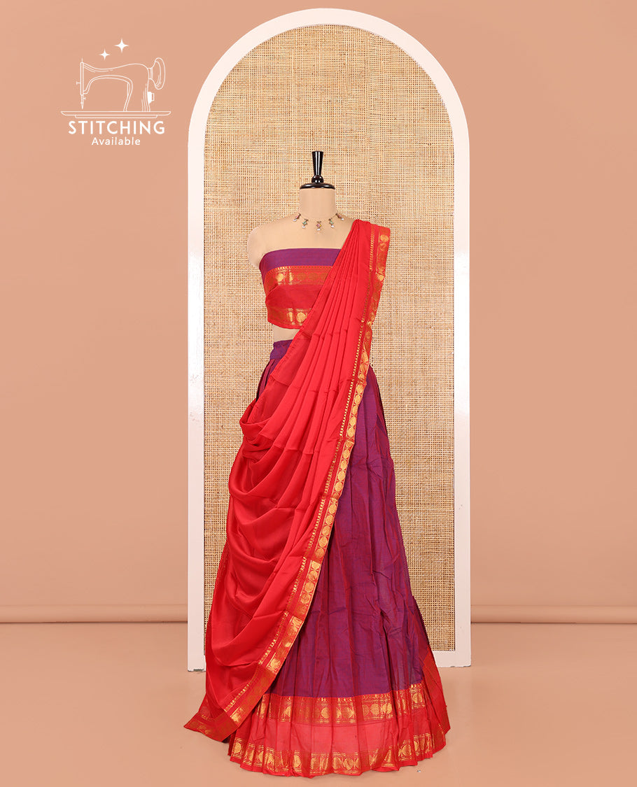 Magenta-Red Chettinad Cotton Half-Saree Featuring Plain Skirt, Contrast Rettai Pettu Rudraksham Border, Matching Blouse, Syska Georgette Dhavani