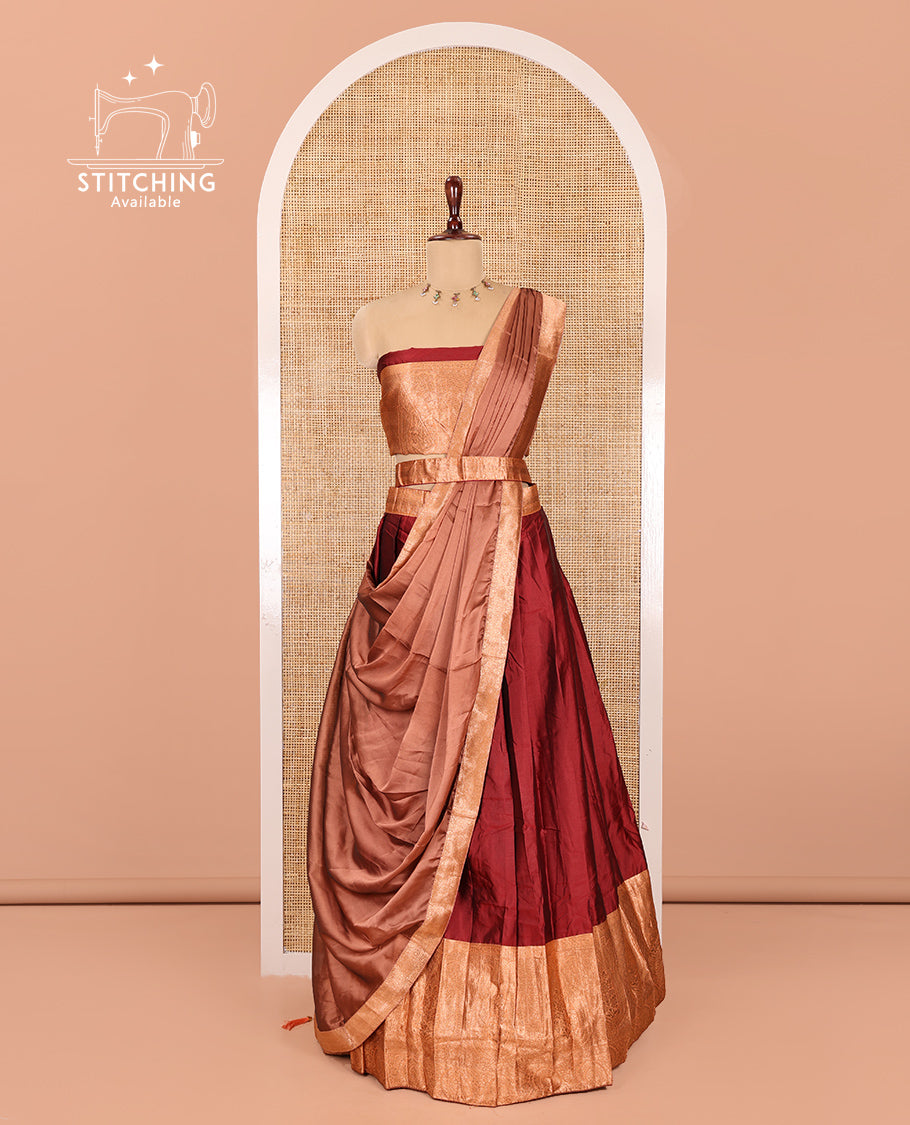 Red Semi-Banaras Half-Saree, Plain Contrast Intricate-Bordered Skirt, Matching Blouse, Contrast Dhavani