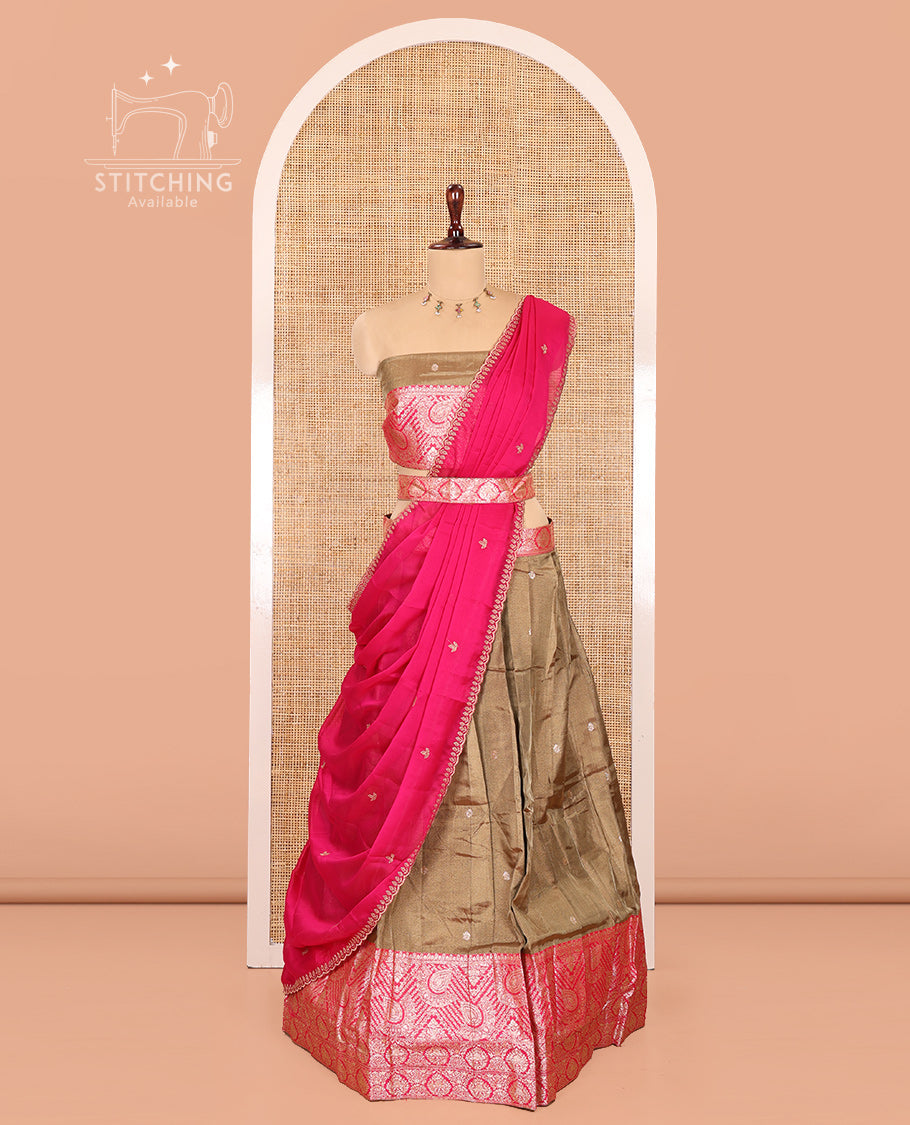 Gold-Rani Pink Banarasi Silk Half-Saree Features Buttas Skirt, Contrast Intricate Border, Matching Blouse, and Embroidery Syska Georgette Dhavani