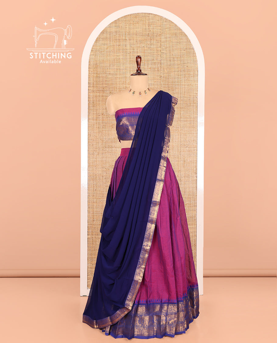 Magenta-Royal Blue Chettinad Cotton Half-Saree, Plain Contrast Traditional Zari-Bordered Skirt, Matching Blouse, and a Contrast Dhavani