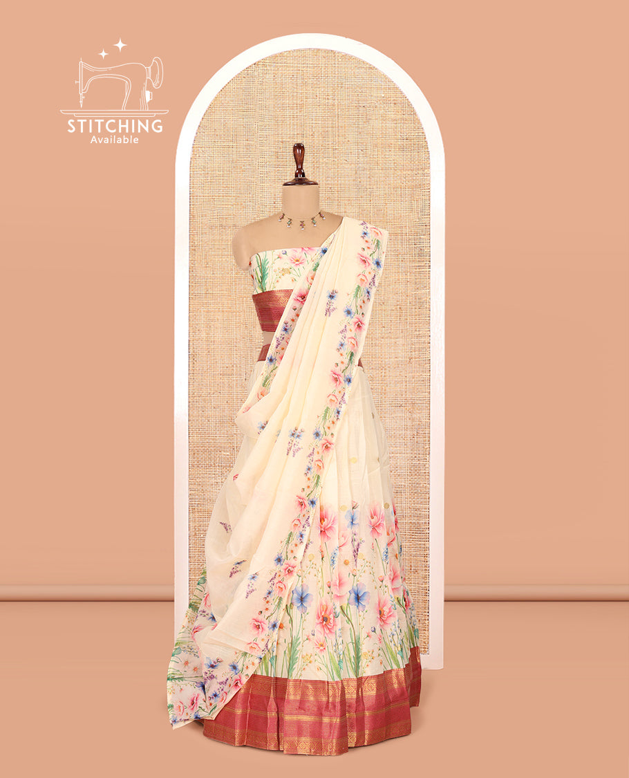 Cream-Rani Pink Semi-Silk Half-Saree Features Floral-Printed Skirt, a Contrast Traditional Border, a Matching Blouse, a Floral Dhavani