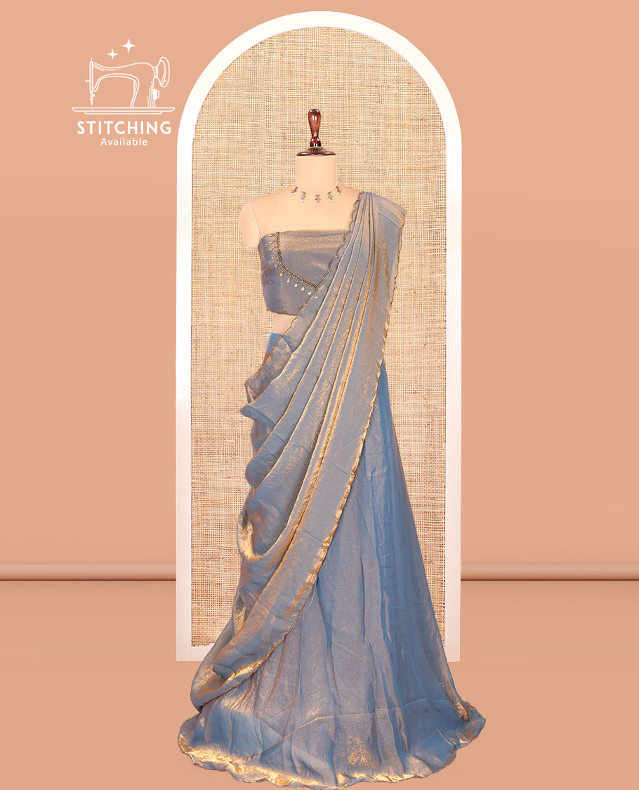 Steel Blue Fendi Organza Half-Saree, Plain Skirt, Matching Embroidered Blouse, Matching Scallop Dhavani
