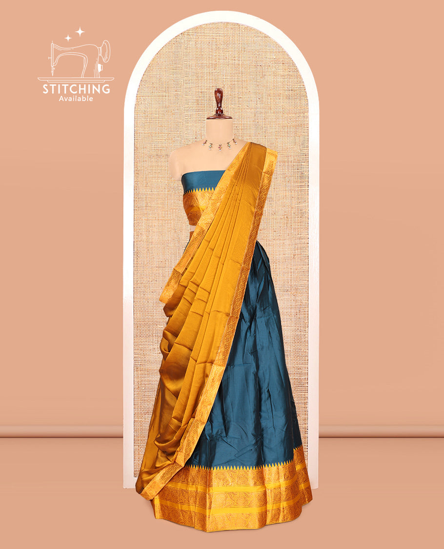 Peacock Blue Semi-Banarasi Half-Saree Features Plain Skirt, Contrast Floral Creeper Zari Border, Matching Blouse, Contrast Dhavani