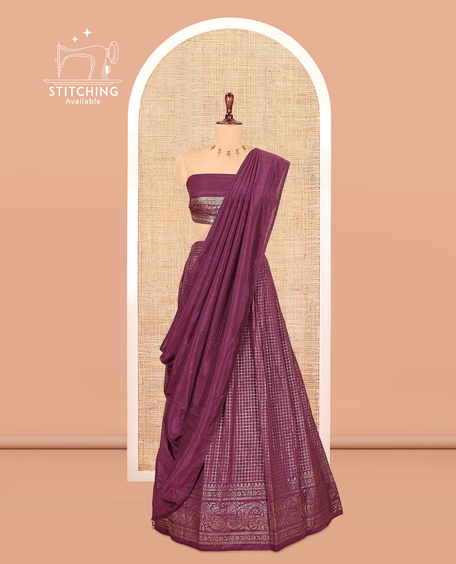 Purple Vichitra Silk Half Saree with Zari Checks, a Traditional Zari Border, Matching Blouse and a Dhavani