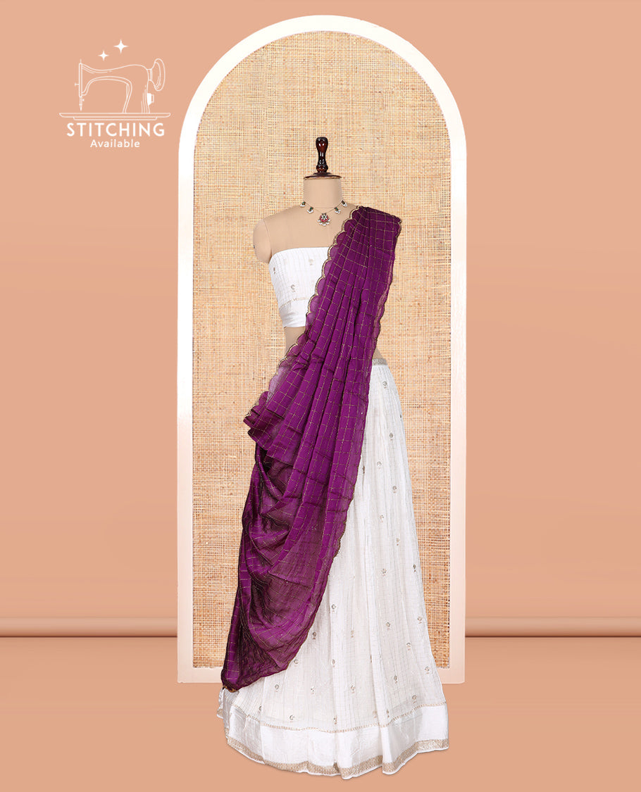Cream-Dark Magenta Viscose Georgette Half-saree, Buttas Skirt, Matching Blouse, Contrast Checked Dhavani