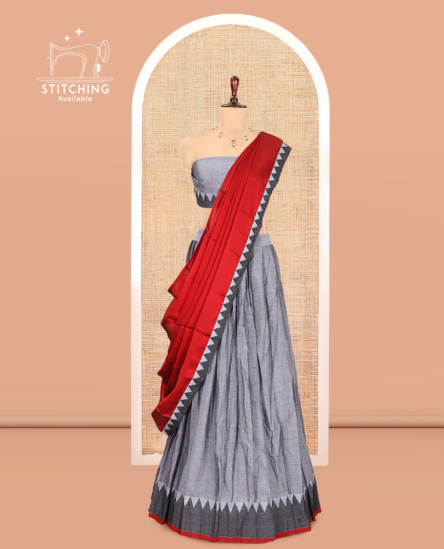 Grey Mercerised Cotton Half-Saree, Plain Skirt, a Temple Border, a Matching Blouse, Contrast Dhavani