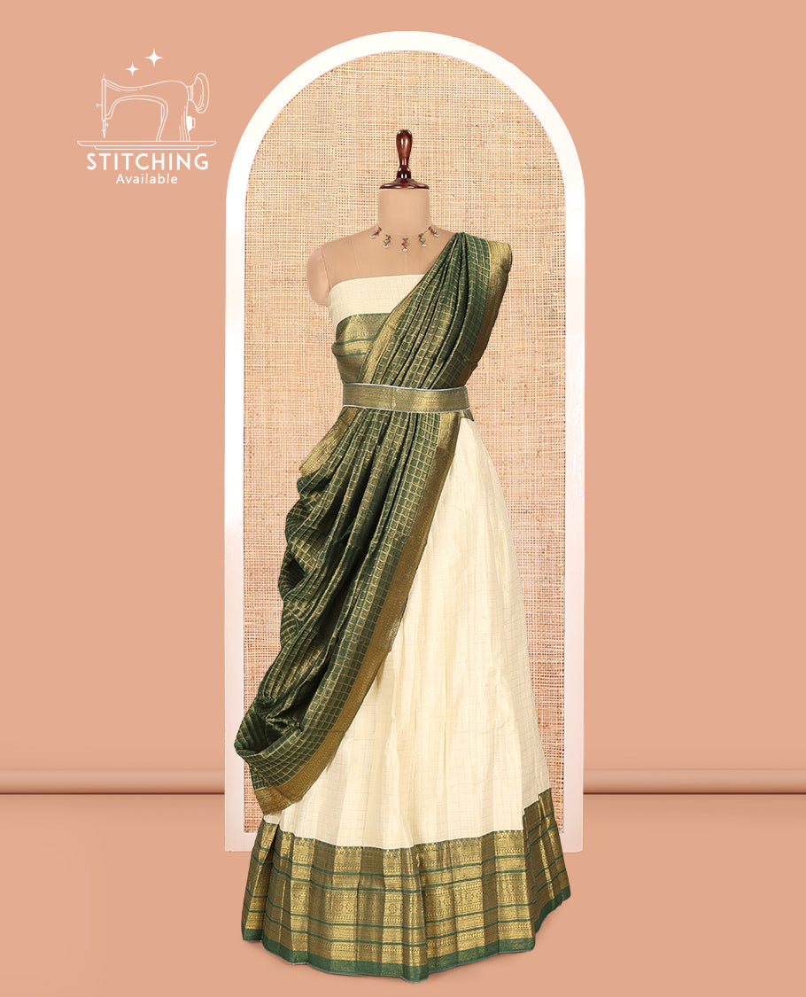 Cream-Green Semi-Silk Half-Saree