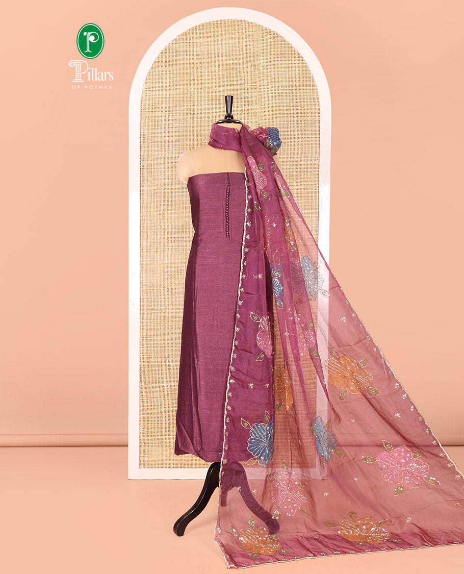 Magenta Vichitra Silk Material Chudidar Set, Woven with Pom-Pom Necklined Top, a Plain Santoon Bottom, and Paired Scallop Multi-Color Floral Embroidered Organza Dupatta