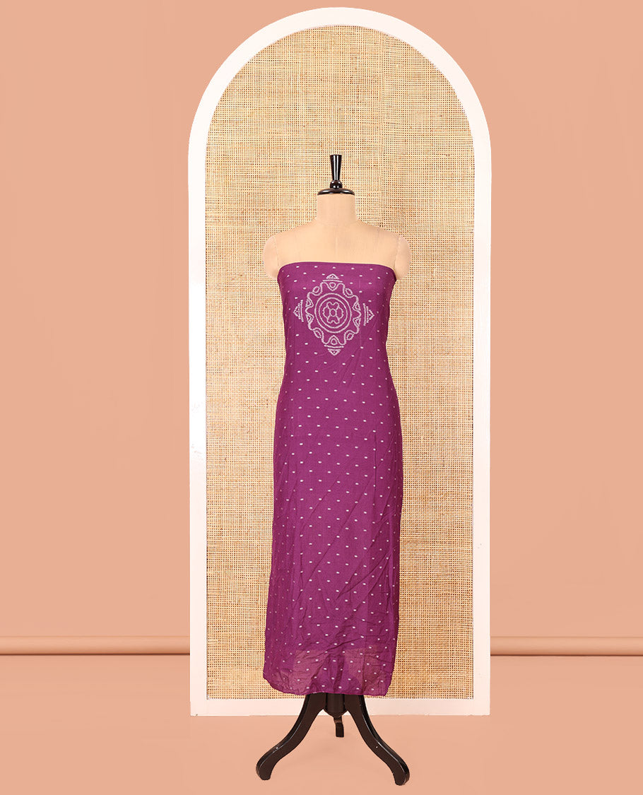 Dark Purple Mul Chanderi Material Chudidar Set, Subtly Printed with Bandhani-Style Printed Top, a Plain Santoon Bottom, and Paired with a Matching Mul Chanderi Bandhani-Dotted and Zari-Woven Dupatta