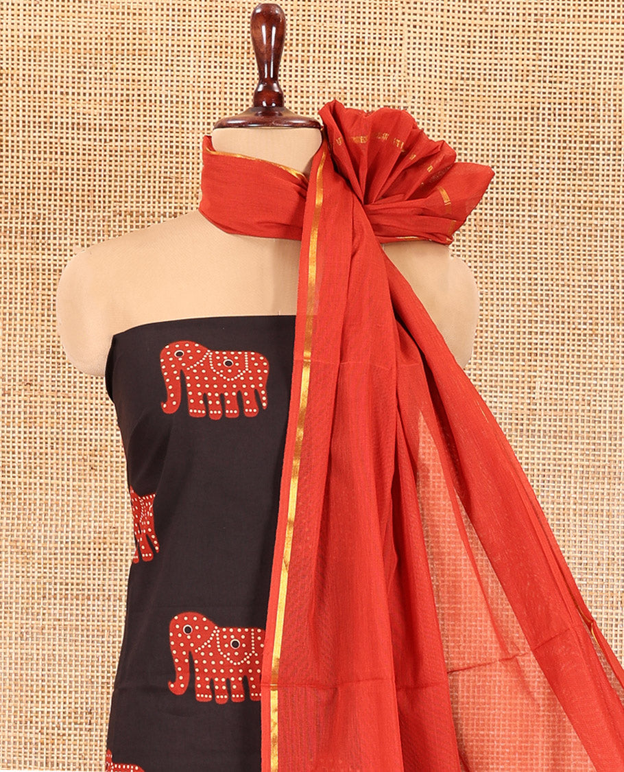 Black-Rust Jaipur Cotton Material Chudidar Set, Elephant Motifs Printed Top, Contrast Bottom, and Plain Dupatta