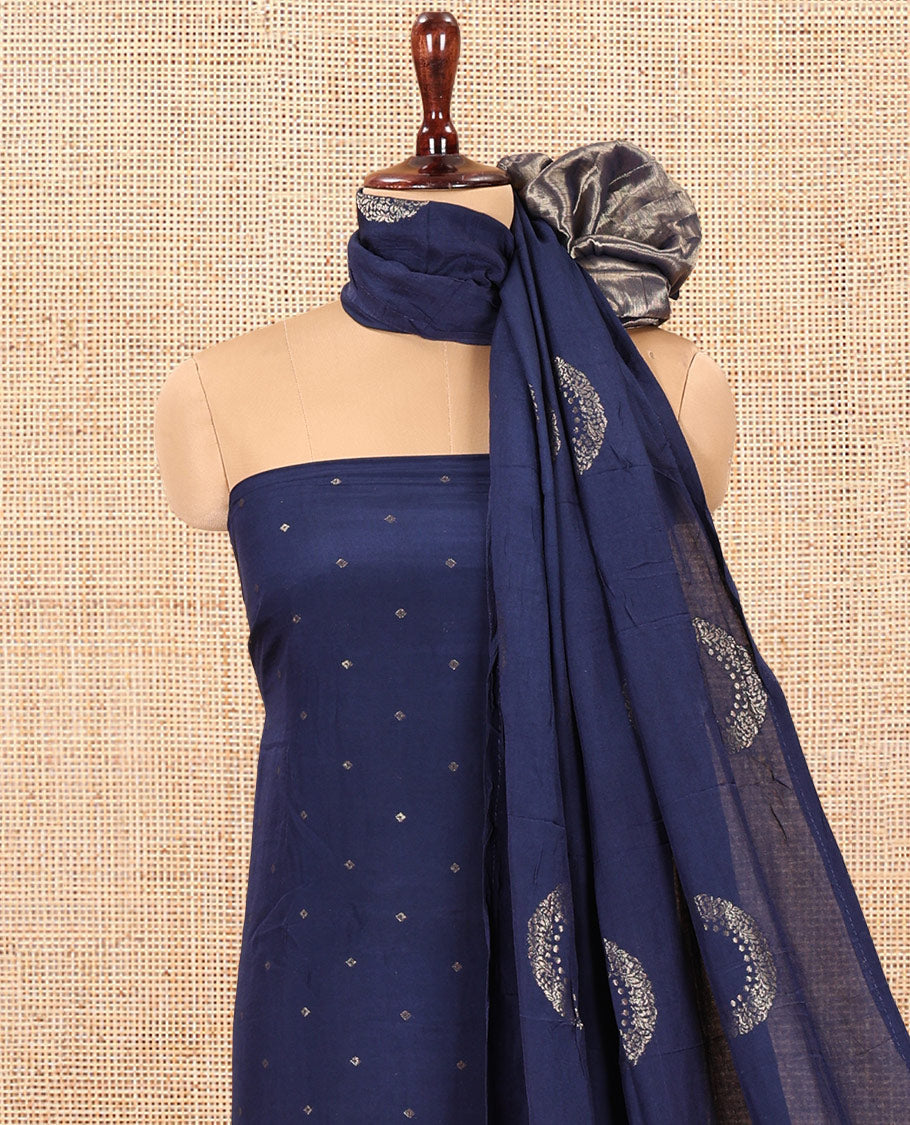Blue Mul Chanderi Material Chudidar Set, Subtly Sparkled with Buttas Top, a Matching Bottom, and a Circle Motif Woven Dupatta