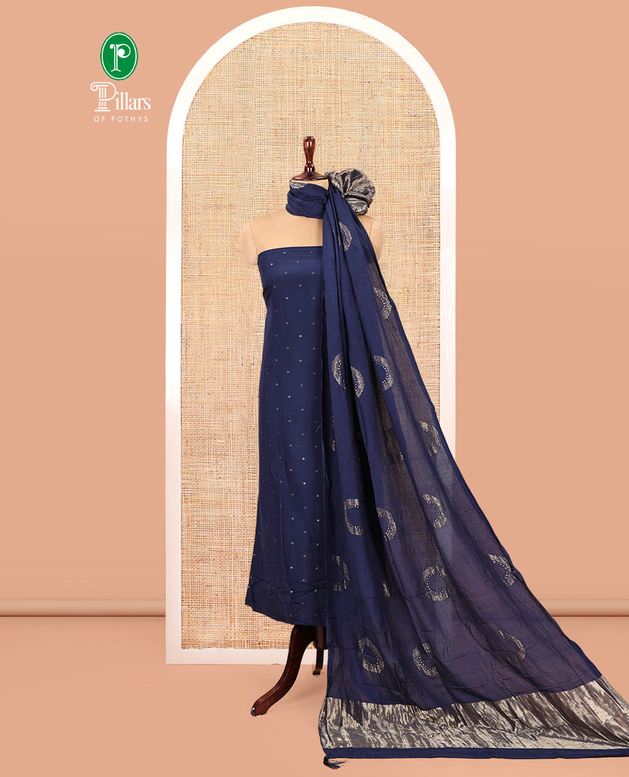 Blue Mul Chanderi Material Chudidar Set, Subtly Sparkled with Buttas Top, a Matching Bottom, and a Circle Motif Woven Dupatta