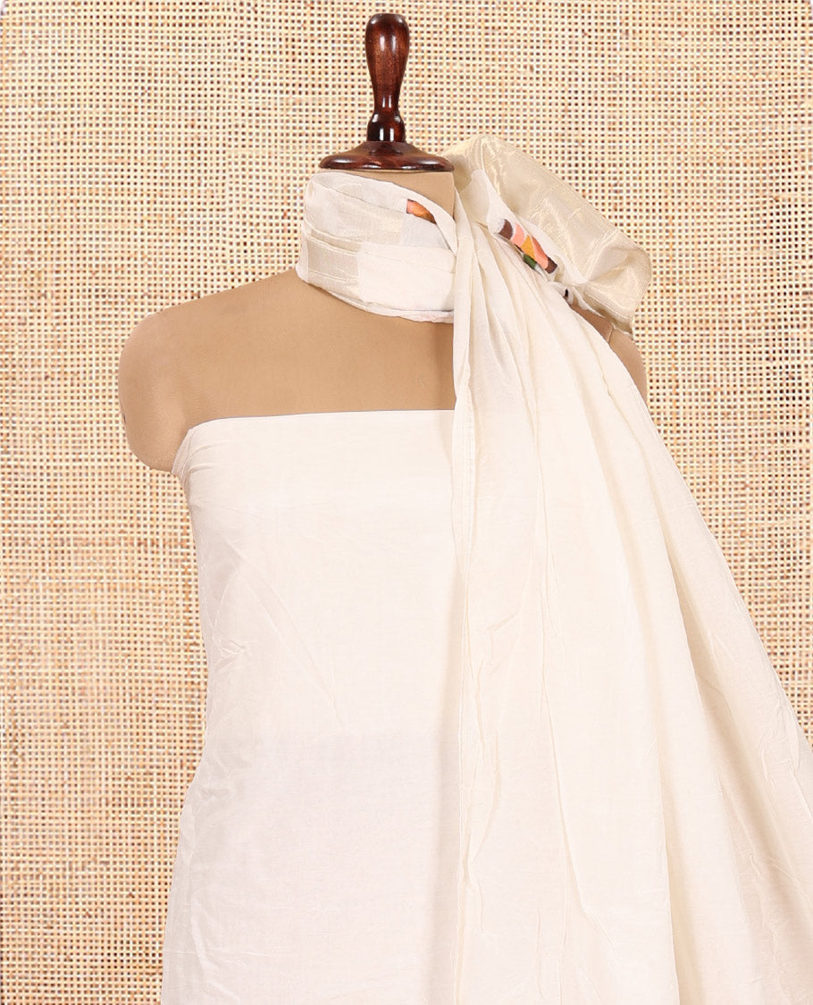 Cream Mul Chanderi Material Chudidar Features Jamdani-Floral Top, Plain Bottom, Jamdani-Floral Dupatta