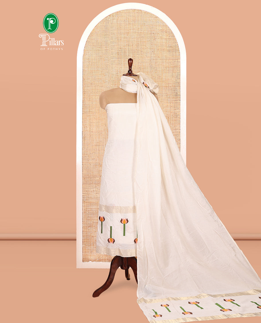 Cream Mul Chanderi Material Chudidar Features Jamdani-Floral Top, Plain Bottom, Jamdani-Floral Dupatta