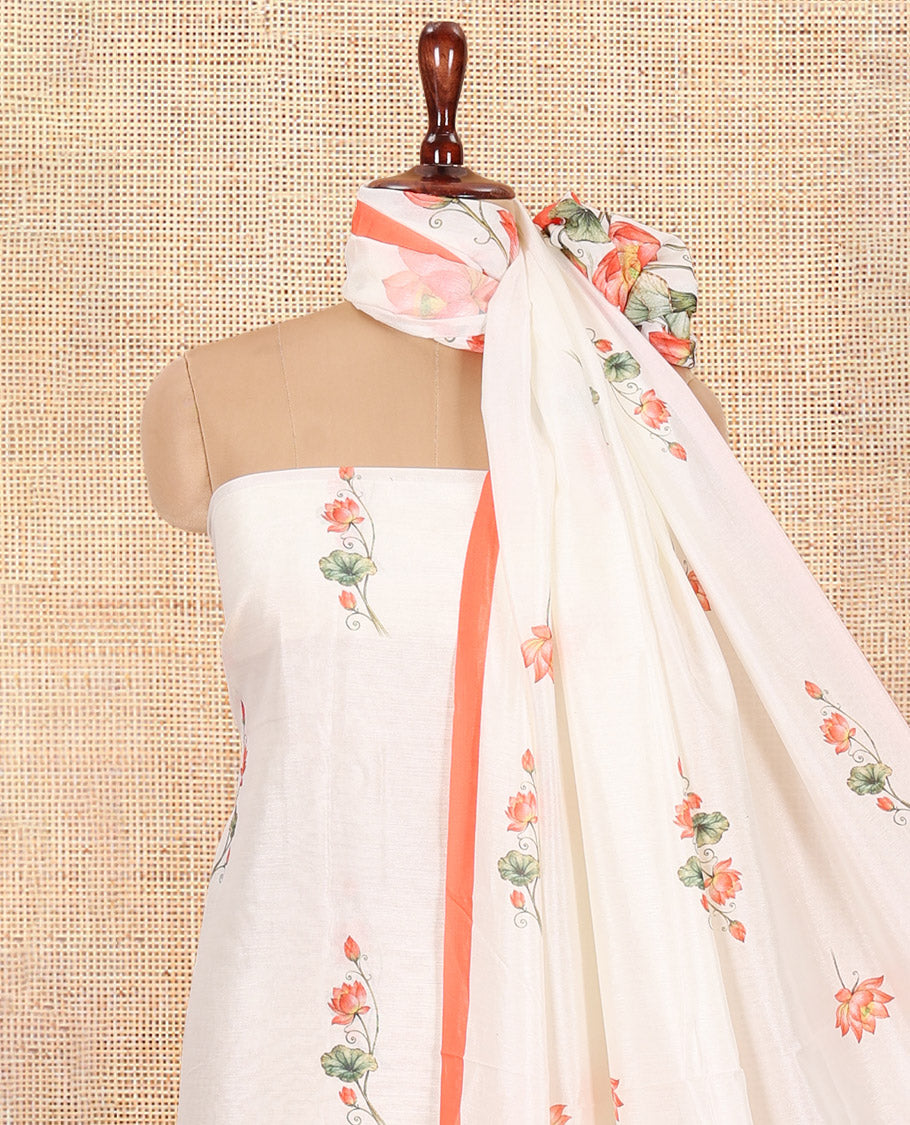Cream-Peach Semi-Silk Material Chudidar, Lotus Printed Top, Matching Bottom, Lotus Printed Dupatta