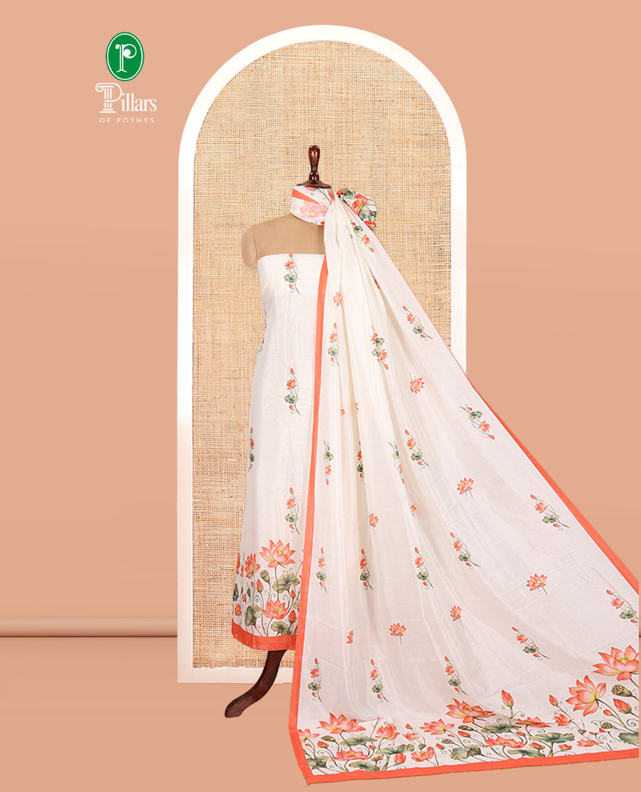 Cream-Peach Semi-Silk Material Chudidar, Lotus Printed Top, Matching Bottom, Lotus Printed Dupatta