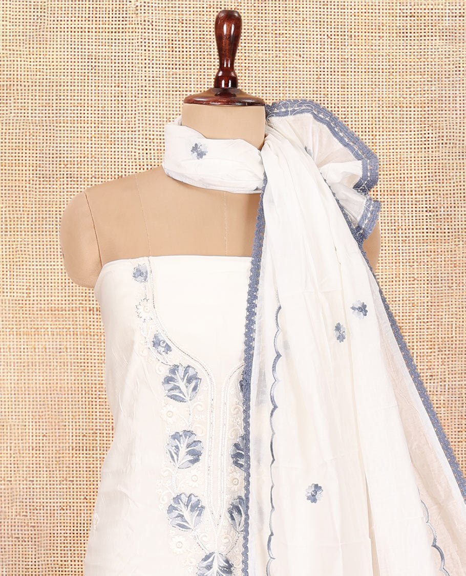 Cream Mul Chanderi Material Chudidar Features Neck Work Top, a Matching Bottom, Embroidered Scallop Dupatta