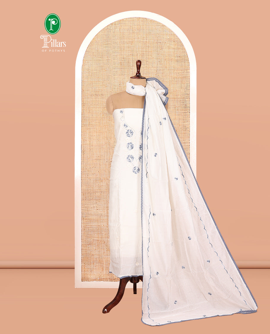 Cream Mul Chanderi Material Chudidar Features Neck Work Top, a Matching Bottom, Embroidered Scallop Dupatta