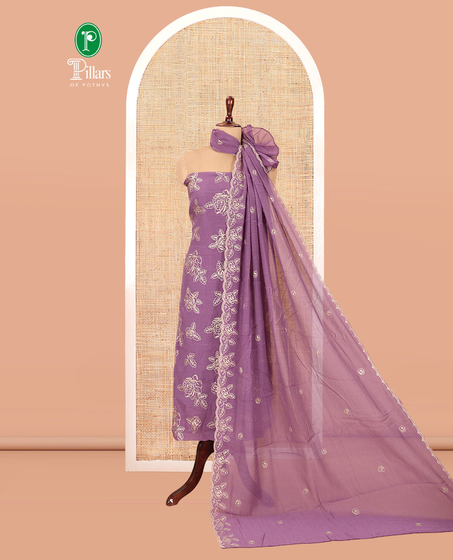 Lavender Mul Crush Chanderi Material Chudiddar, Floral Embroidered Top, Plain Bottom, Embroidered Dupatta