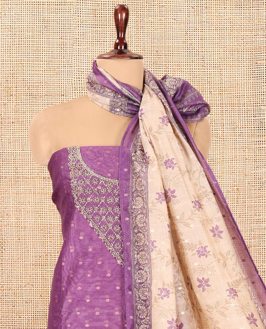 Dark Purple Chanderi Tissue Material Chudiddar, Buttas Neckwork Top, Plain Bottom, Contrast Floral Dupatta
