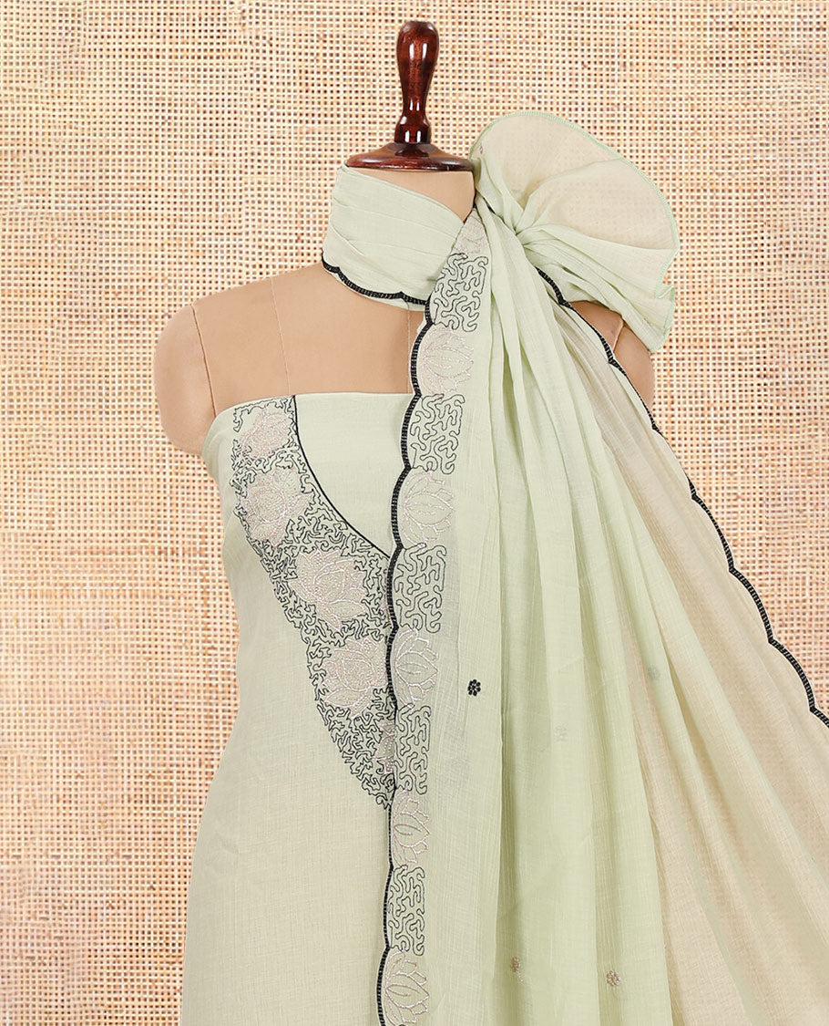 Mehendi Green Crunchy Chiffon Material Chudiddar, Embroidered Top, Plain Bottom, Embroidered Scallop Dupatta