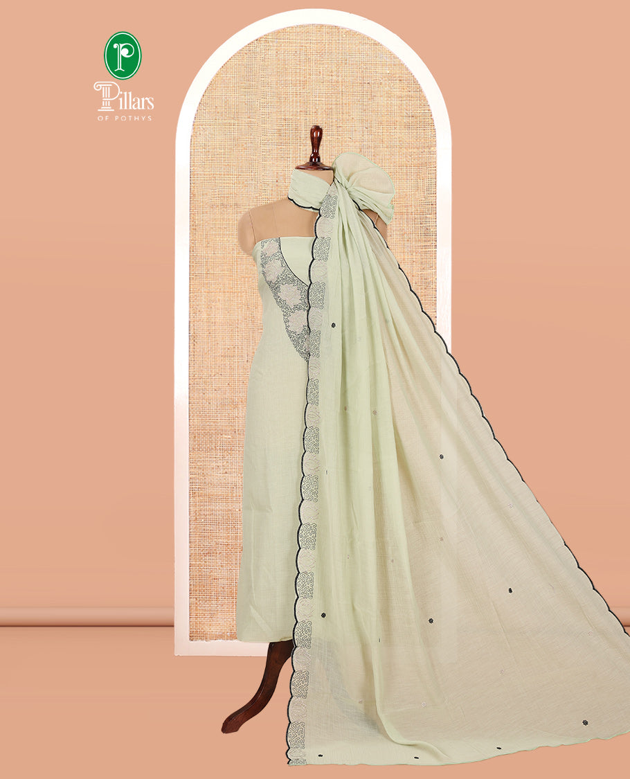 Mehendi Green Crunchy Chiffon Material Chudiddar, Embroidered Top, Plain Bottom, Embroidered Scallop Dupatta