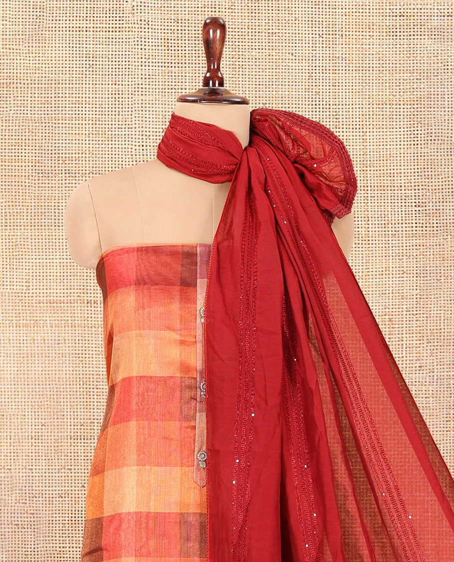 Multi-Color Shimmer Tissue Material Churidar, Graced with Madras Checked Neckwork Top, a Contrast Bottom, and a Sequins Striped Dupatta