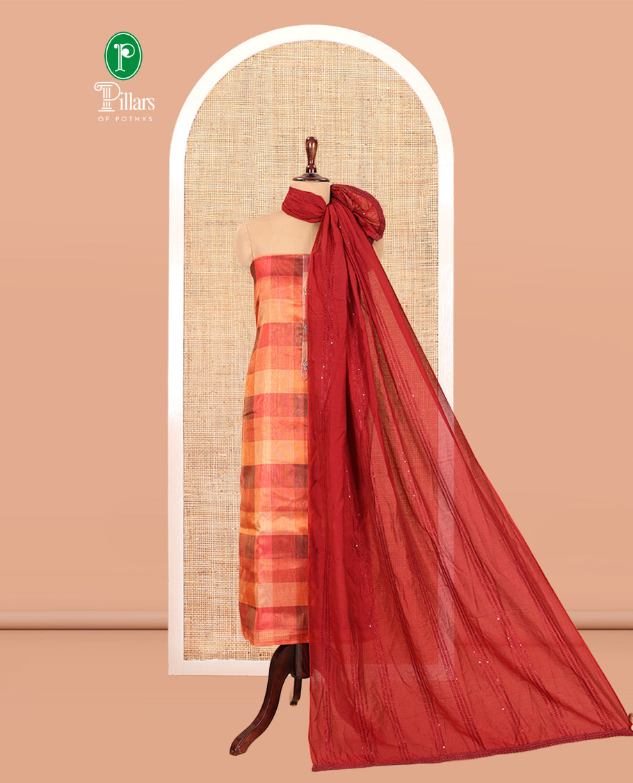 Multi-Color Shimmer Tissue Material Churidar, Graced with Madras Checked Neckwork Top, a Contrast Bottom, and a Sequins Striped Dupatta