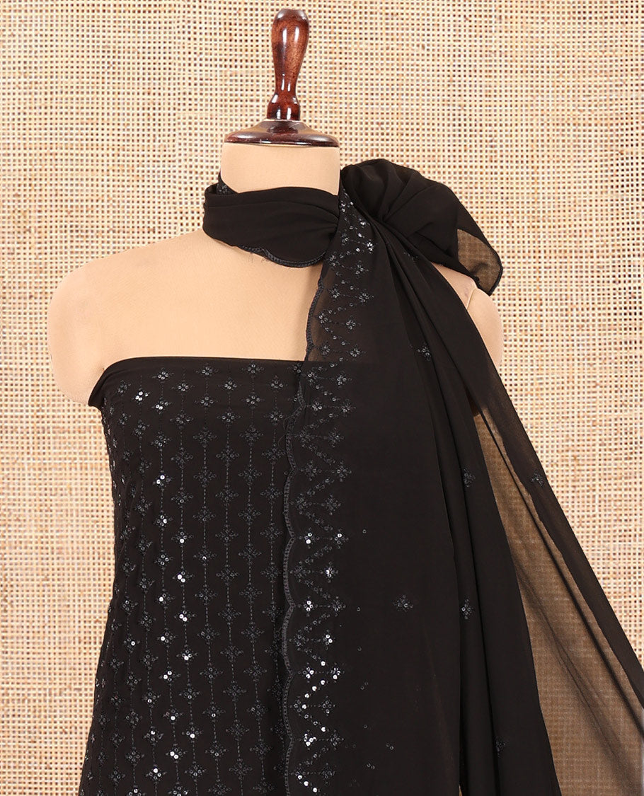 Black Georgette Material Churidar, Woven with Sequins Embroidered Top, a Matching Bottom, and Embroidered Dupatta