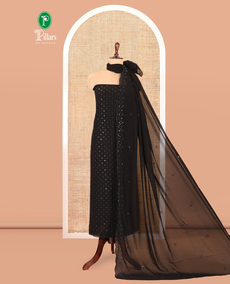 Black Georgette Material Churidar, Woven with Sequins Embroidered Top, a Matching Bottom, and Embroidered Dupatta