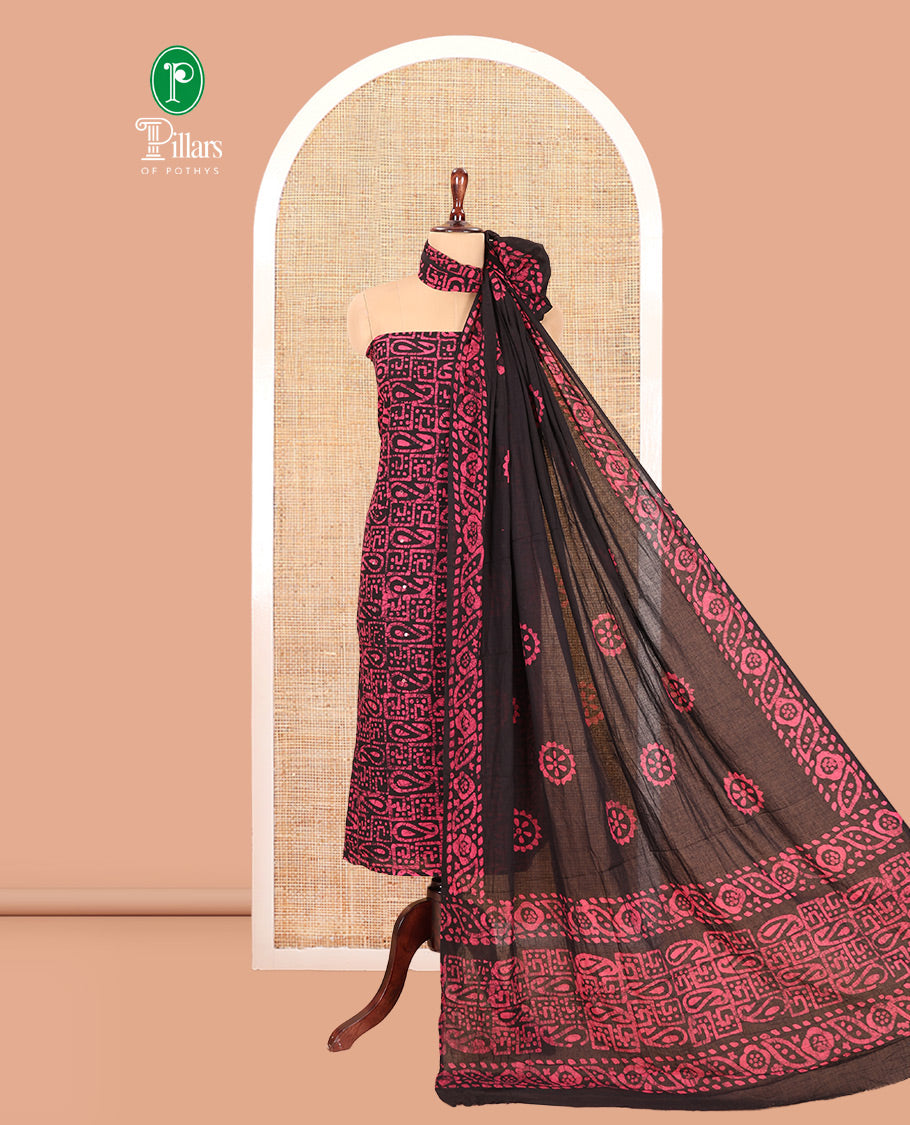 Black-Rani Pink Cotton Material Churidar Set, Paisley Batik Printed Top, a Matching Bottom, a Batik Printed Dupatta