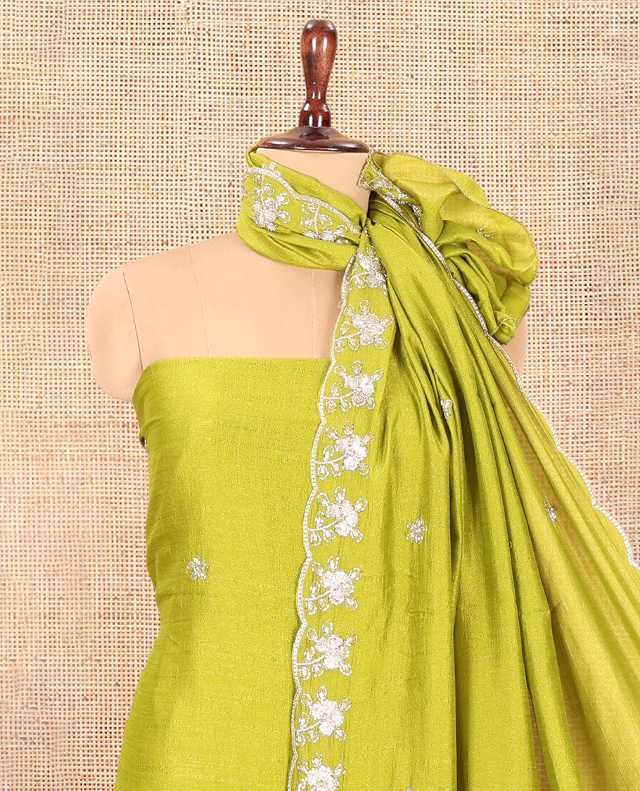 Liril Green Semi-Silk Material Churidar Features a Floral Embroidered Top, a Matching Bottom, Embroidered Dupatta
