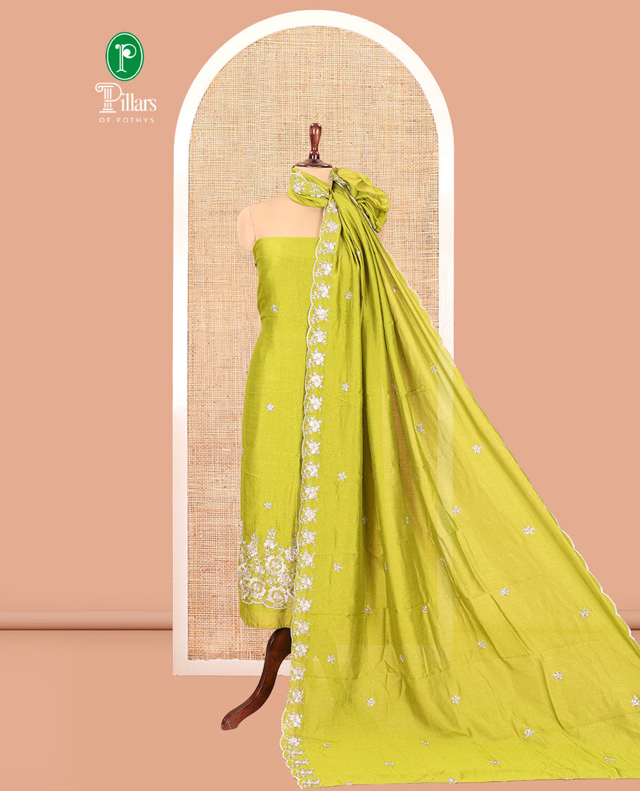 Liril Green Semi-Silk Material Churidar Features a Floral Embroidered Top, a Matching Bottom, Embroidered Dupatta